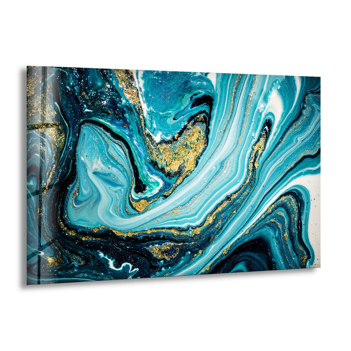 Gold ink on Blue Abstract Glass Wall Art