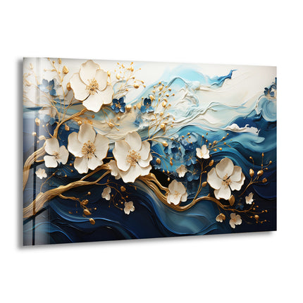 Blue Abstract Gold Floral Glass Wall Art, print on glass, glass printed photos