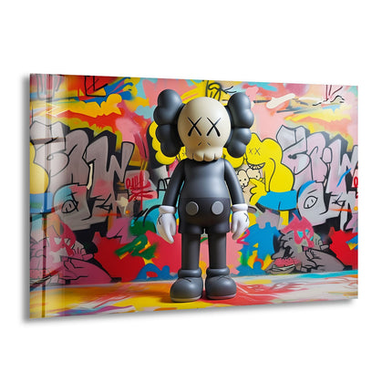 Kaws With Graffiti Glass Wall Art print picture on glass, Tempered Glass Wall Art