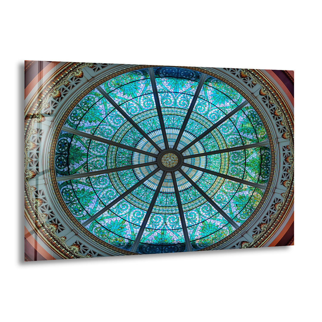 Blue Church Window Glass Wall Art picture on glass wall art, photos printed on glass