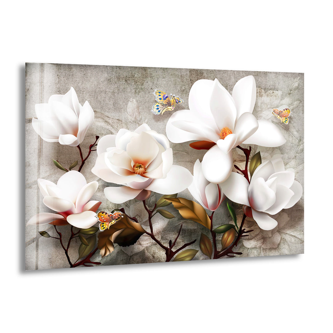 3D White Magnolia Glass Wall Art, print on glass, glass printed photos