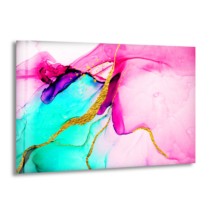 Pink Alcohol ink with Gold Lines Glass Wall Art