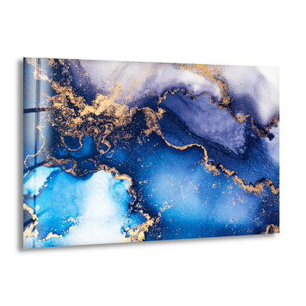 Blue and Gold Alcohol ink Glass Wall Art
