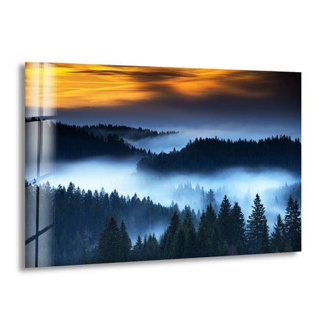 Foggy Sunset Landscape Glass Wall Art