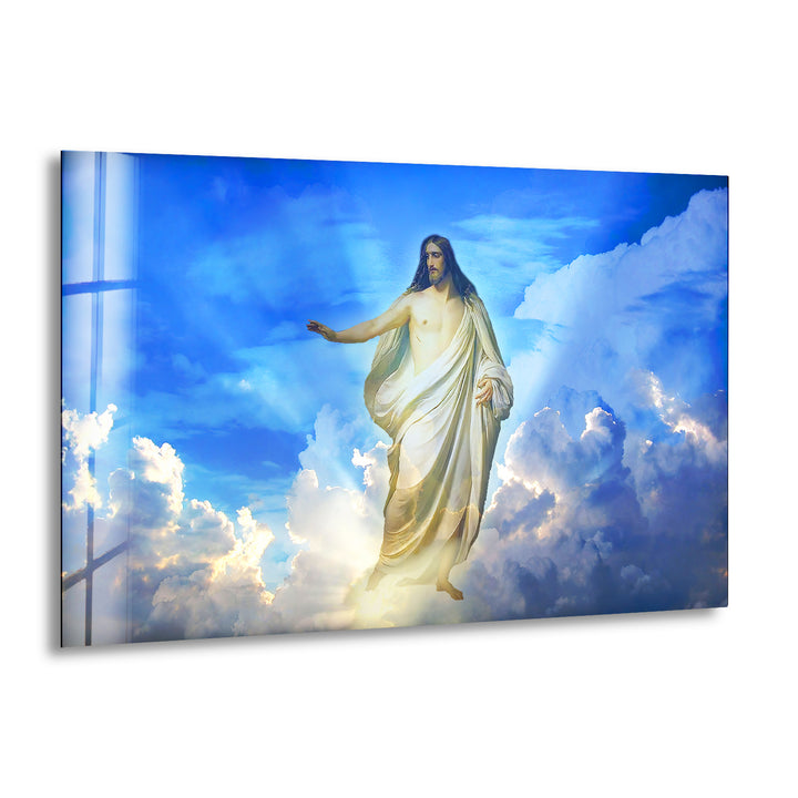 Blue Christian Jesus Cross Glass Wall Art for Living