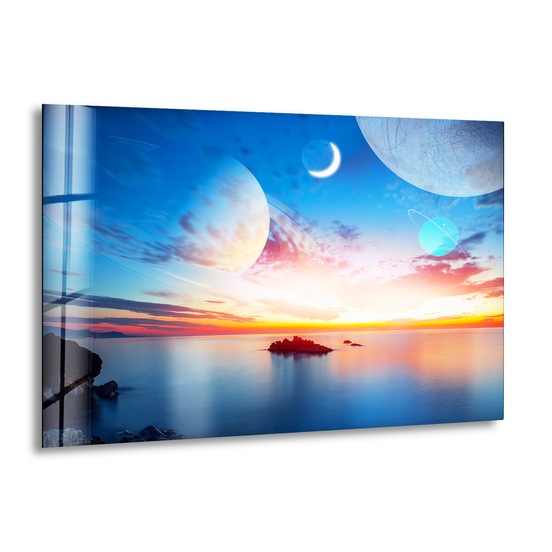 Sunset On The Sea&Planets Glass Wall Art, print picture on glass, Tempered Glass Wall Art