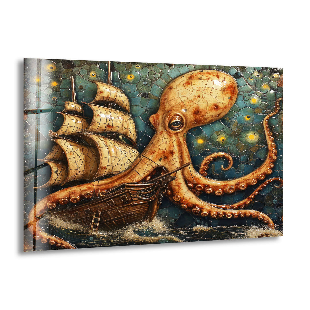 Octopus Captured Ship Glass Wall Art custom glass photo prints, large glass prints