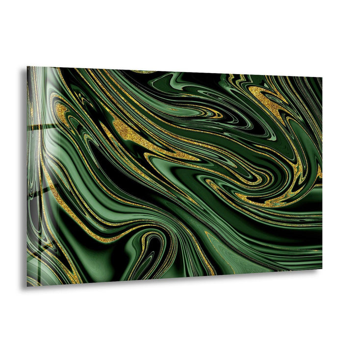 Golden Black Green Marble Abstract Glass Wall Art