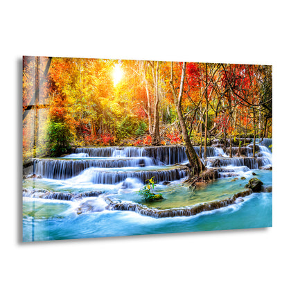 Waterfall in Autumn Forest Glass Wall Art