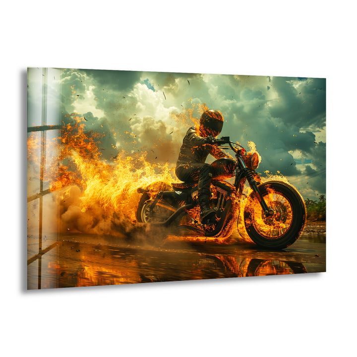 Fiery Motorcycle and Rider Glass Wall Art glass photo prints, glass picture prints
