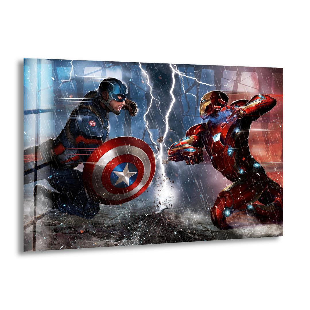 Captain America vs Iron Man Civil War Glass Wall Art photo print on glass, prints on glass wall art
