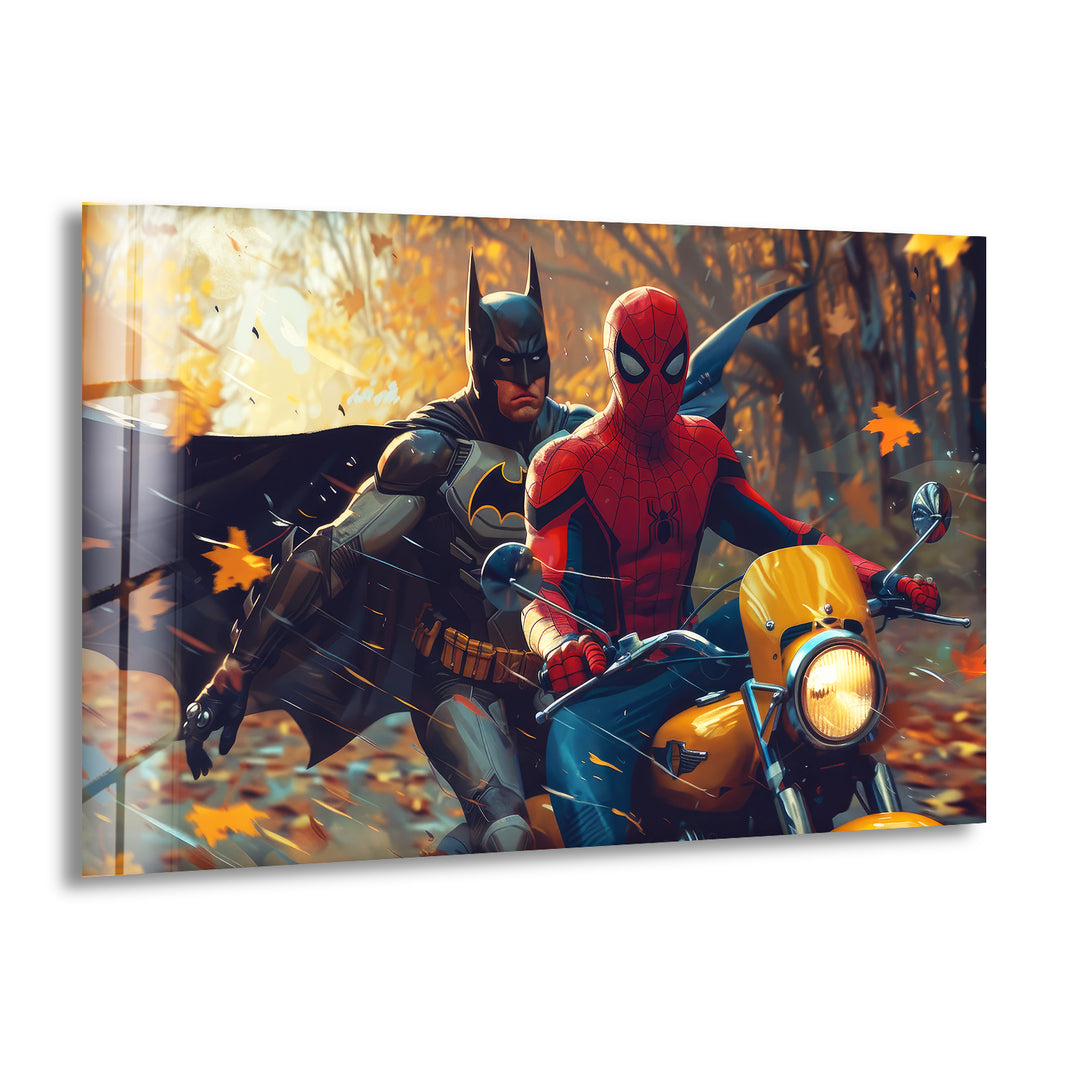 Spiderman & Batman Riding Motorcycle Glass Wall Art