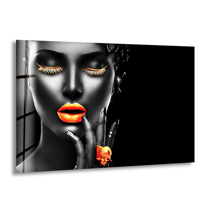 Gold Lips Woman Portrait Glass Wall Art