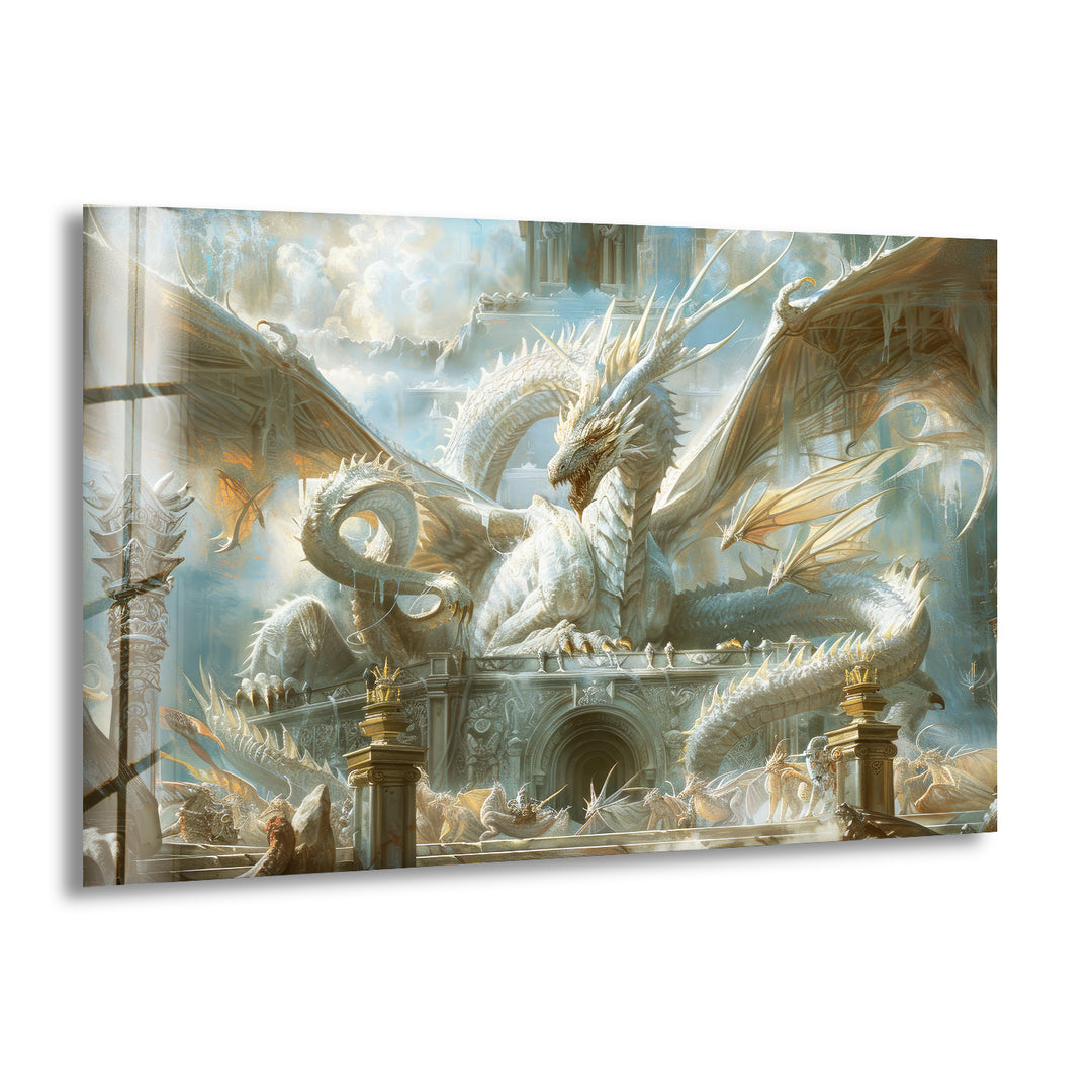 White Dragon Presiding Glass Wall Art glass art painting, glass art for the Wall
