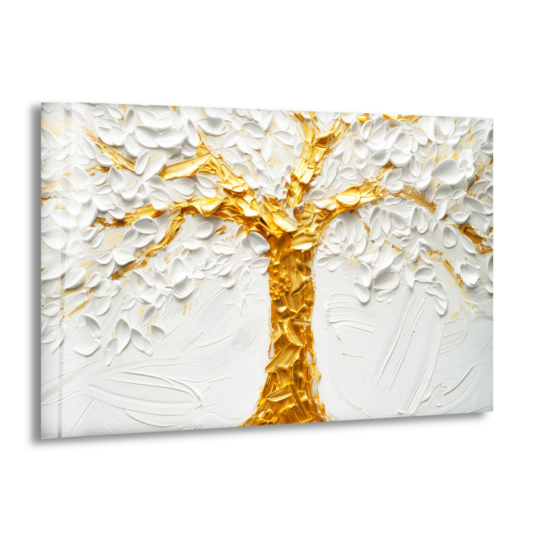 Golden Tree With White Flower Glass Wall Art, print picture on glass, Tempered Glass Wall Art

