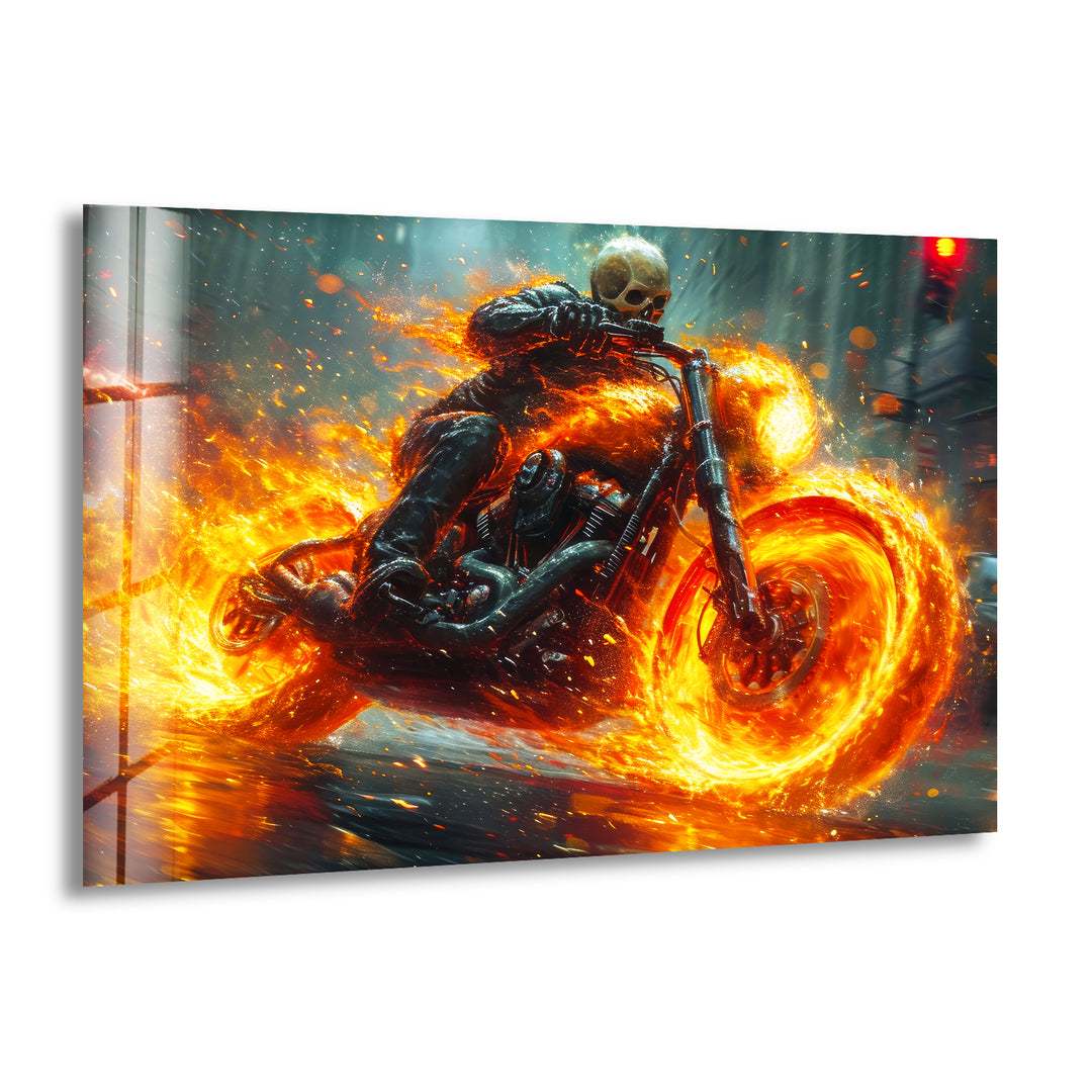 Ghost Rider Riding a Fire Motor Glass Photos 