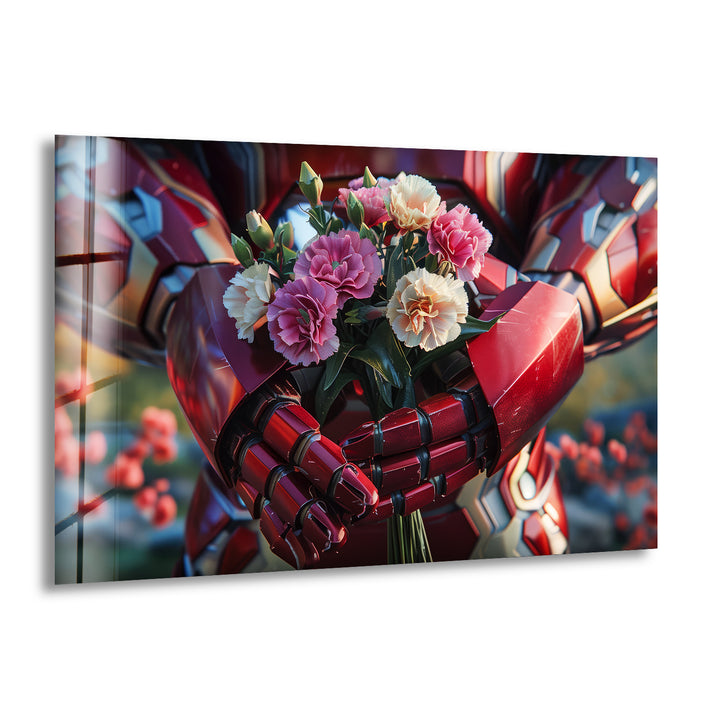 Iron Man Holding Flower Glass Wall Art glass photo prints, glass picture prints
