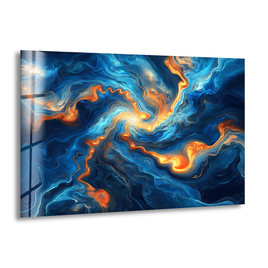 Abstract Swirling Blue and Orange Glass Wall Art print picture on glass, Tempered Glass Wall Art