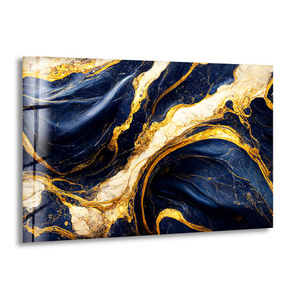 Abstract Marble Dark Blue and Gold Glass Wall Art