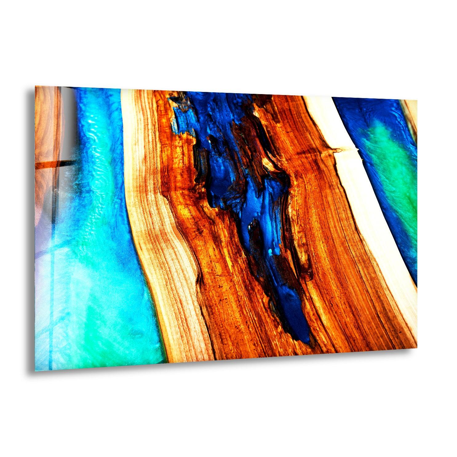 Blue Wood Epoxy Abstract Glass Wall Art, print on glass, glass printed photos