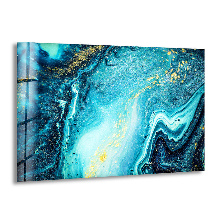 Blue & Gold Abstract Alcohol Ink Glass Wall Art print picture on glass, Tempered Glass Wall Art