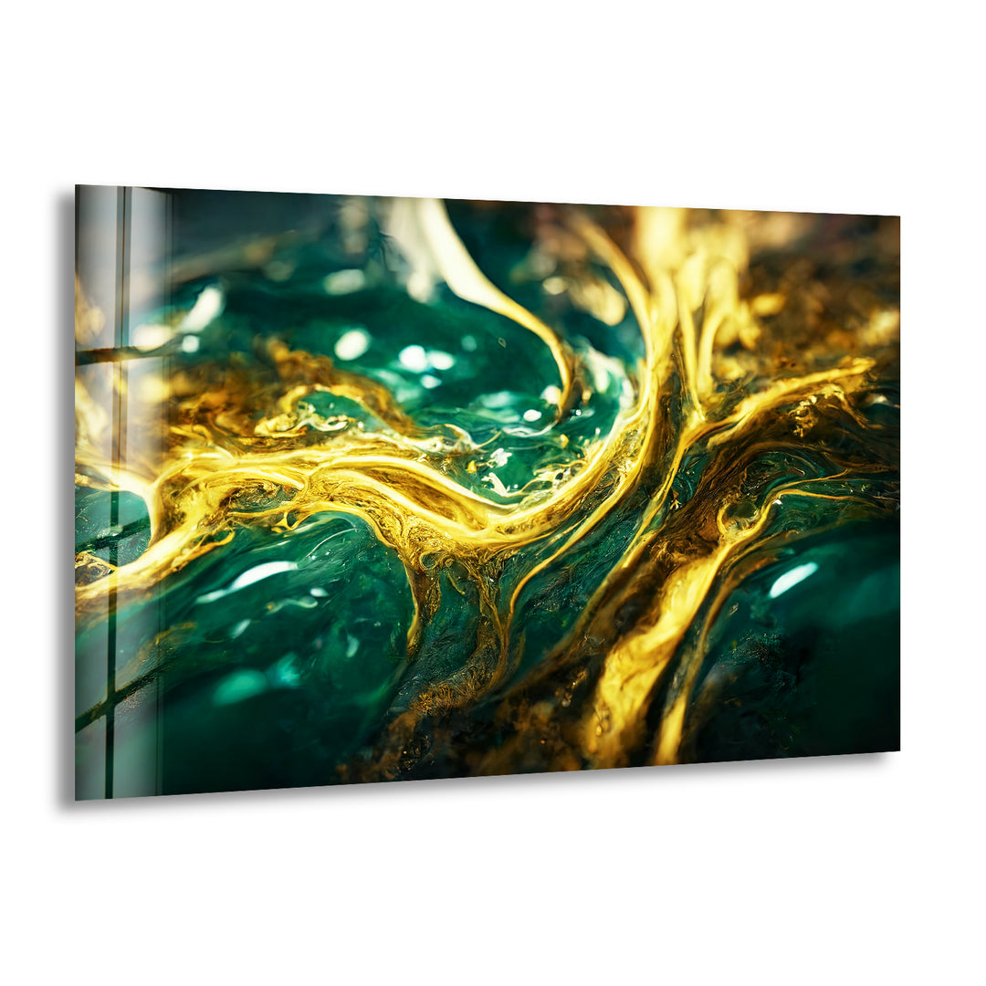 Green and Gold Marbling Glass Wall Artworks