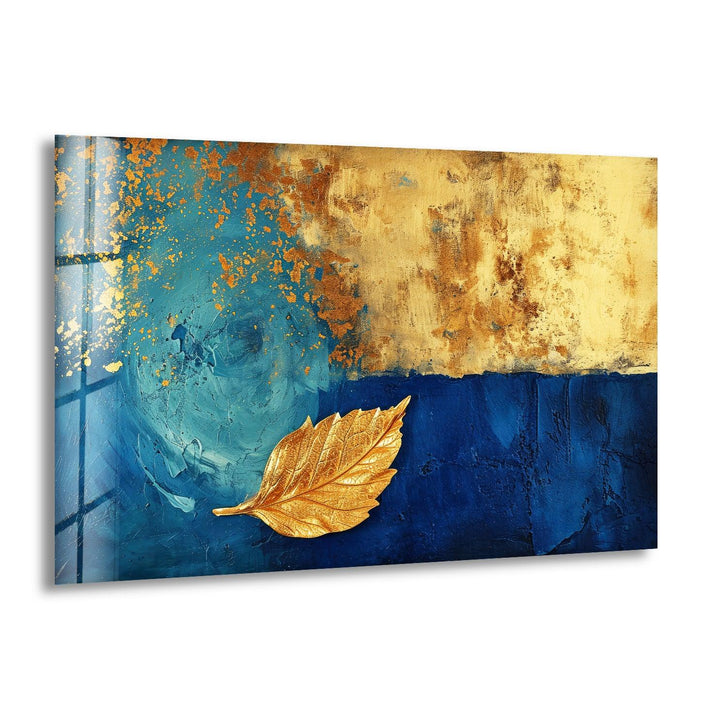 Blue Background With Gold Leaves Glass Wall Art