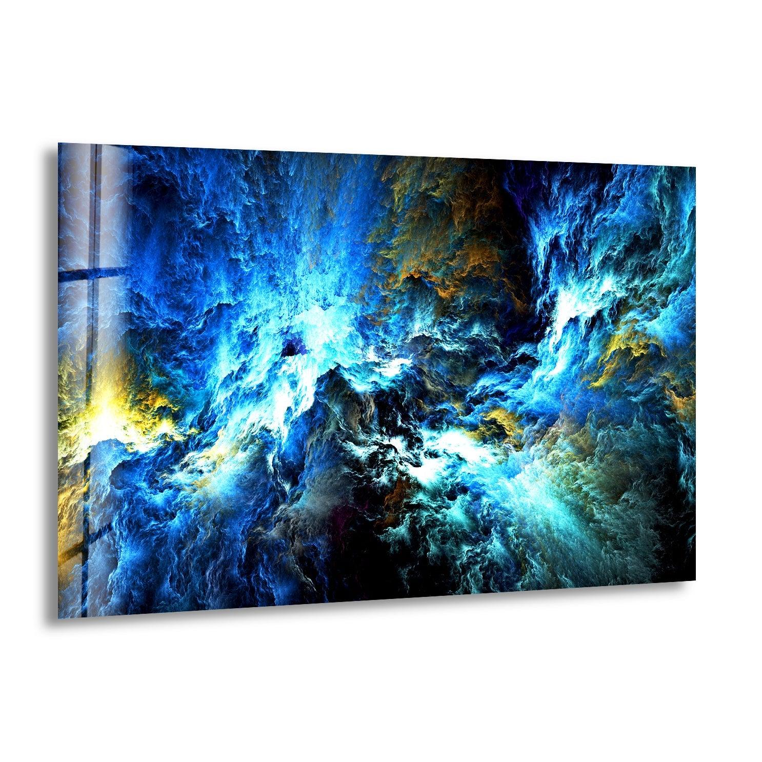 Stunning Cosmic Storm Abstract Wall Art featuring unique abstract glass design in vibrant blue hues for modern decor.