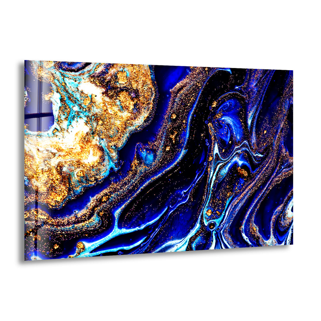 Blue with Gold Sparkles Abstract Glass Wall Art print picture on glass, Tempered Glass Wall Art