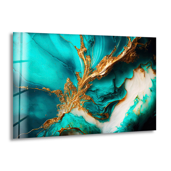 Gold Ink Turquoise Abstract Glass Wall Art, glass picture prints, print on glass