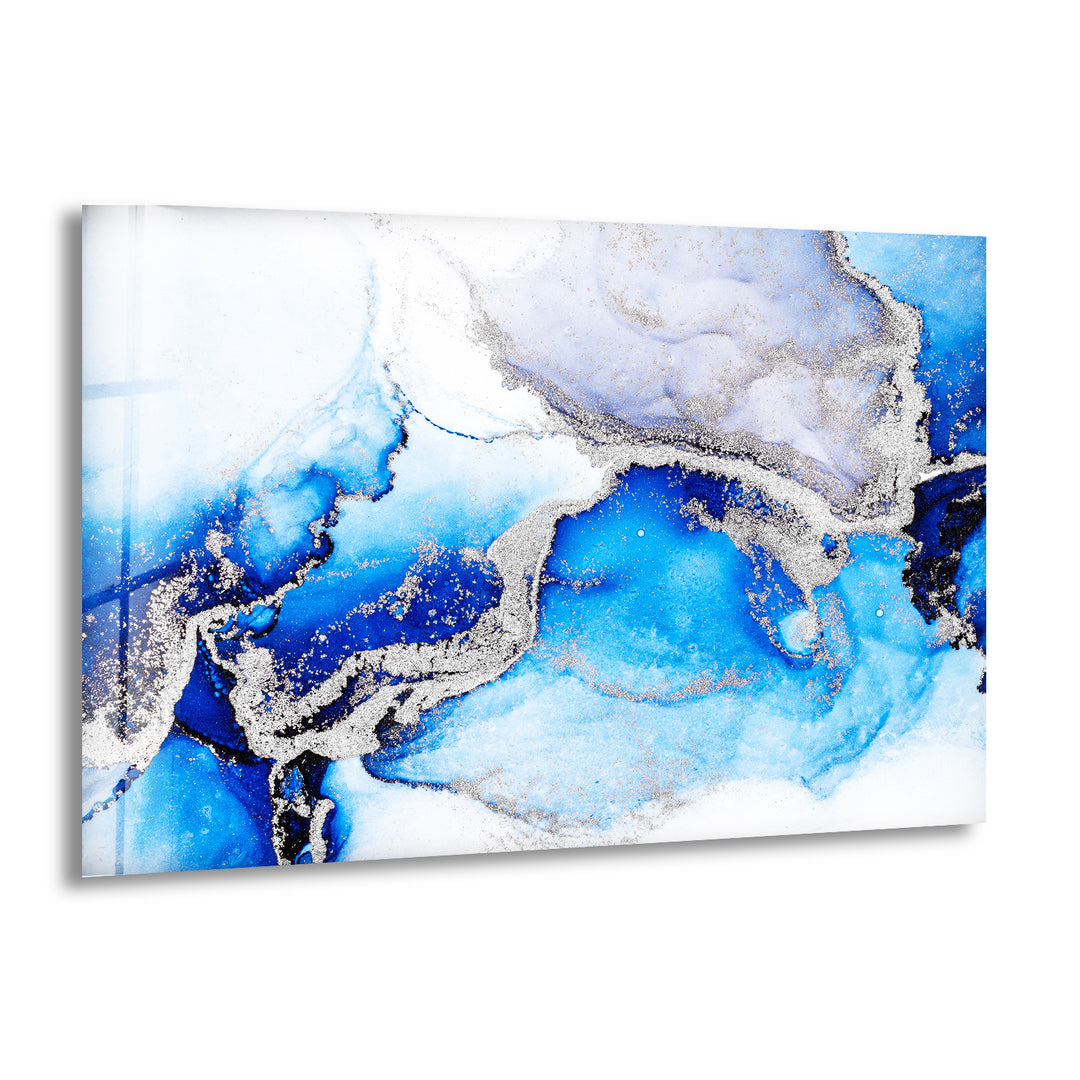 Blue and Silver Abstract Glass Wall Art print picture on glass, Tempered Glass Wall Art