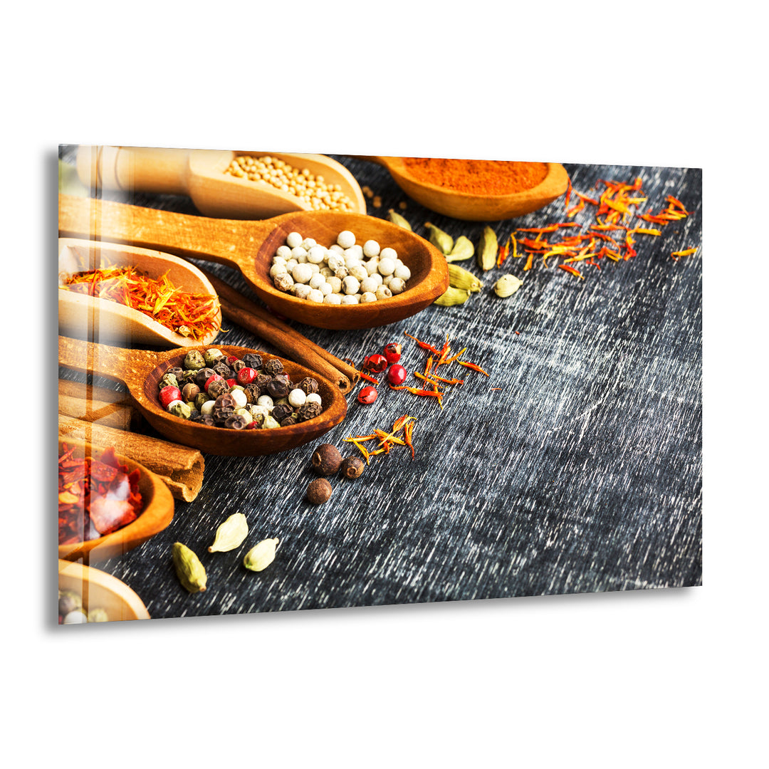 Spices On Wood Spoons Glass Wall Art, print picture on glass, Tempered Glass Wall Art