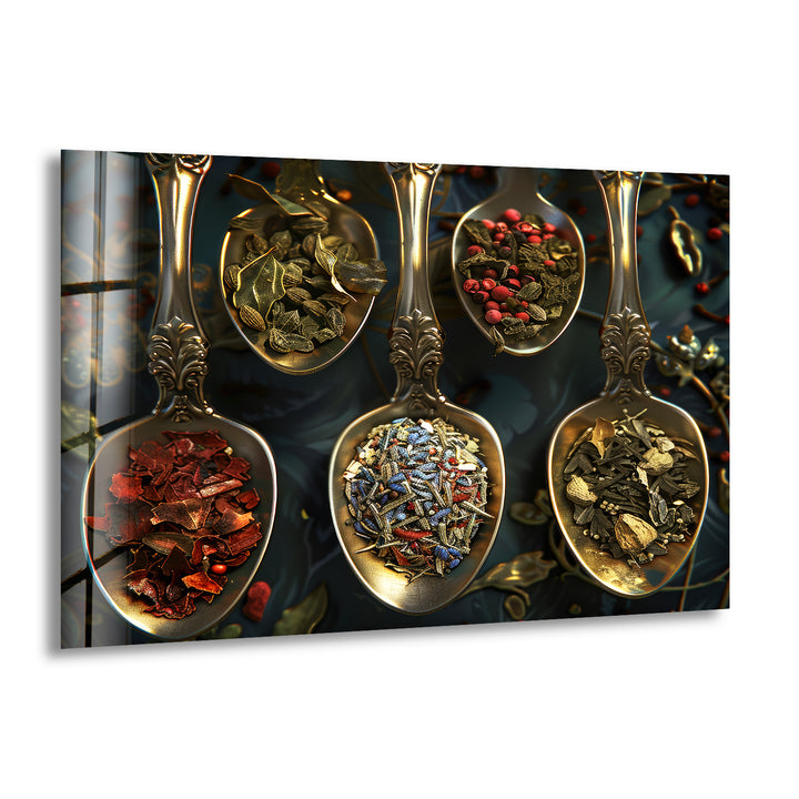 Spices On Rustic Spoon Glass Wall Art, print picture on glass,Tempered Glass Wall Art