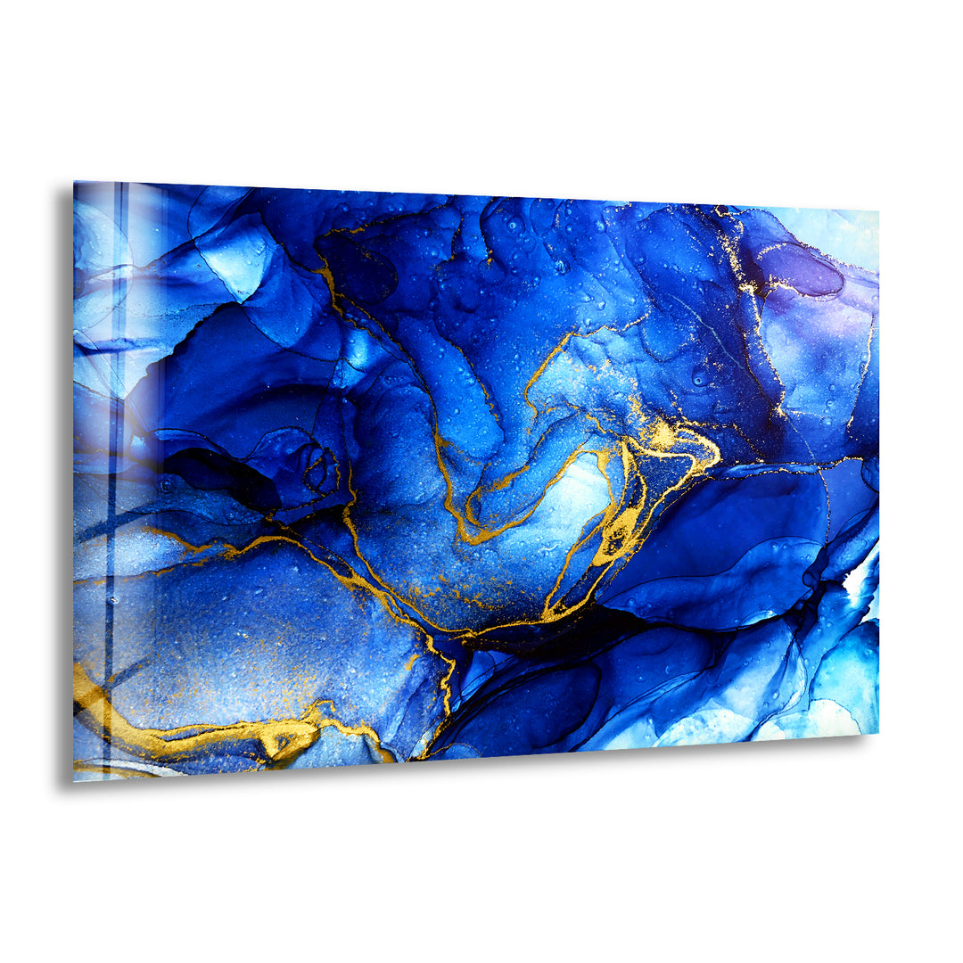 Gold & Blue Alcohol Ink Abstract Glass Wall Art print picture on glass, Tempered Glass Wall Art