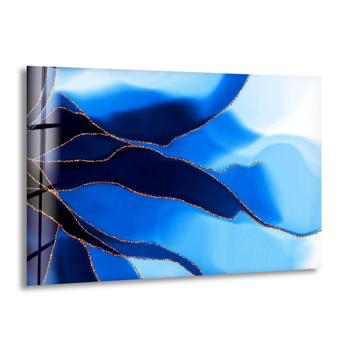 Blue and Gold Marble Abstract Glass Wall Art print picture on glass, Tempered Glass Wall Art