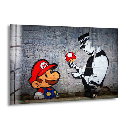 Banksy Mario and Police Man Glass Wall Art . Banksy Art for Sale