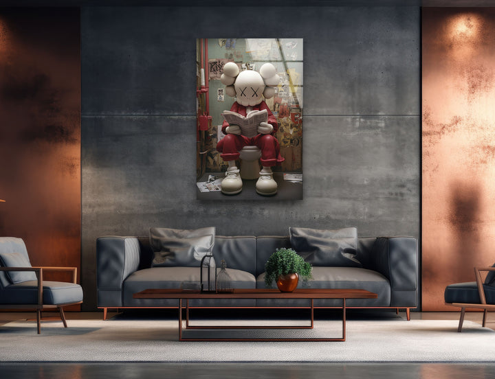 Kaws Reading Glass Wall Art photo print on glass, prints on glass wall art
