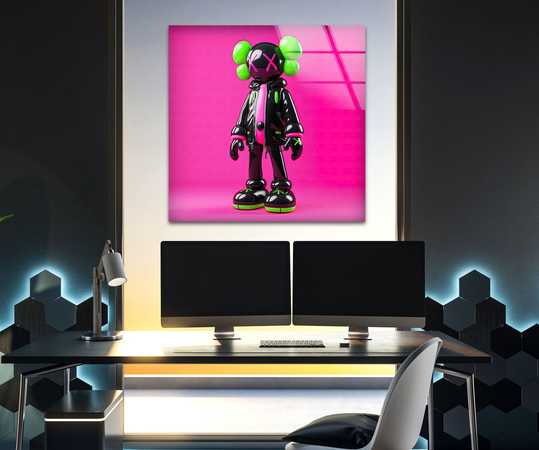 Neon Pink Kaws Glass Wall Art custom glass photo prints, large glass prints
