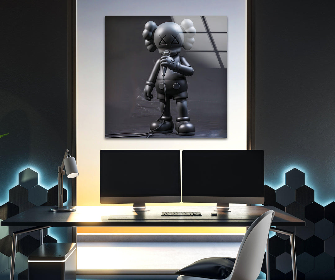 Singer Black Kaws Glass Wall Art photo print on glass, prints on glass wall art
