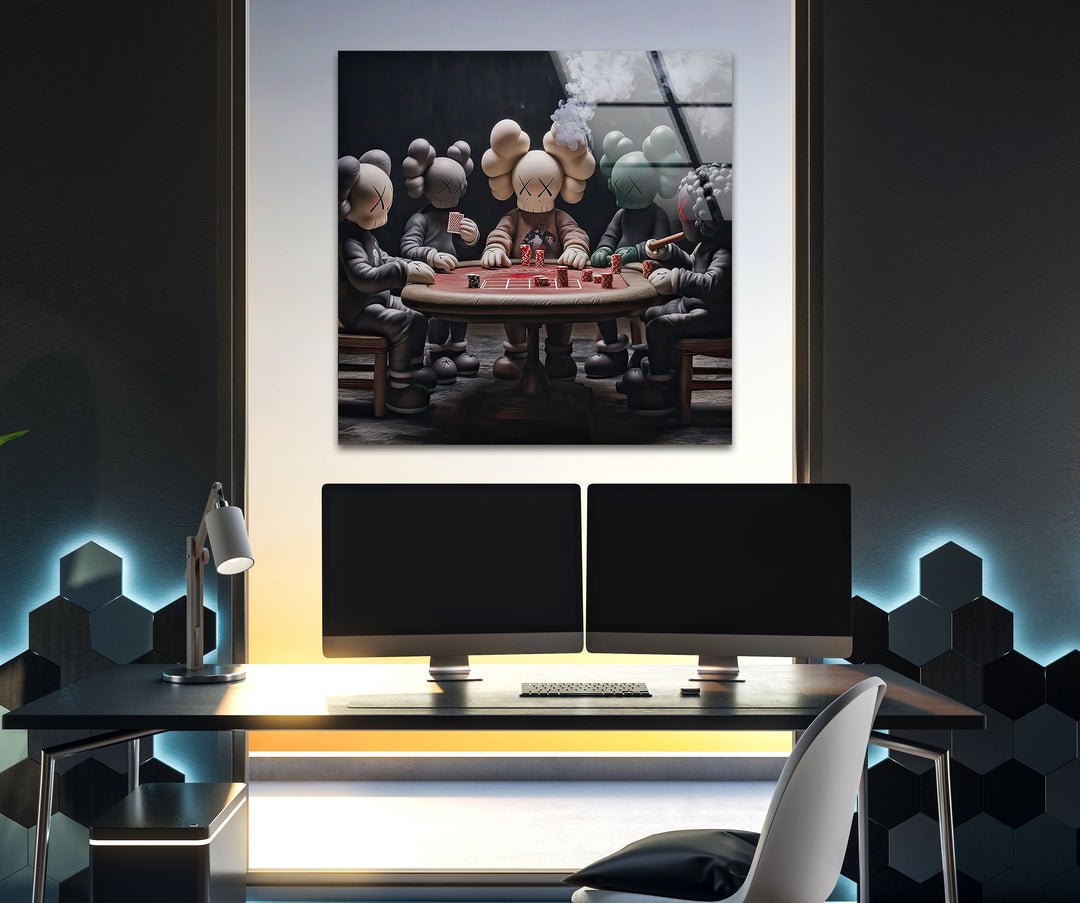 Kaws Playing Poker Glass Wall Art print picture on glass, Tempered Glass Wall Art
