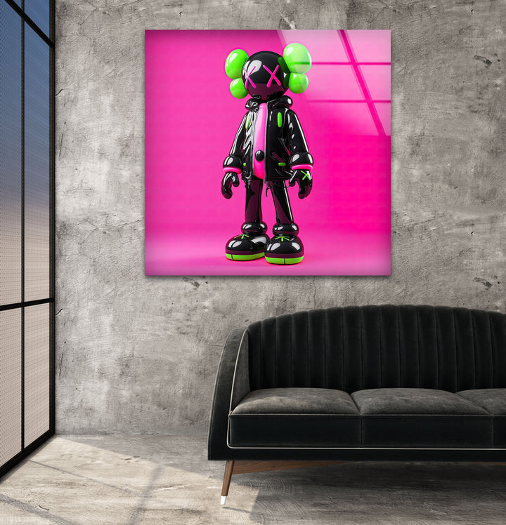 Neon Pink Kaws Glass Wall Art photo print on glass, prints on glass wall art
