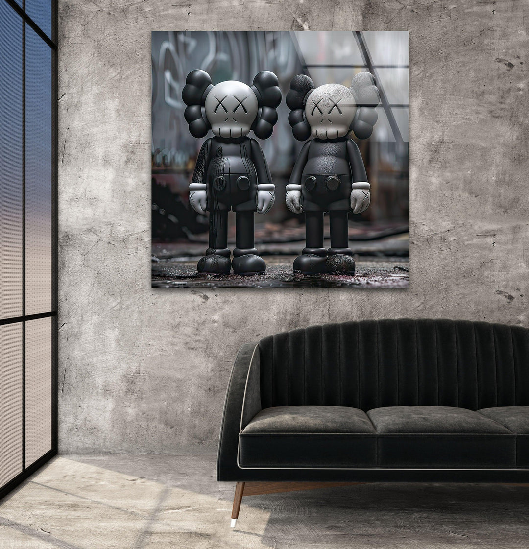 Two Black Kaws Glass Wall Art custom glass pictures, glass art prints
