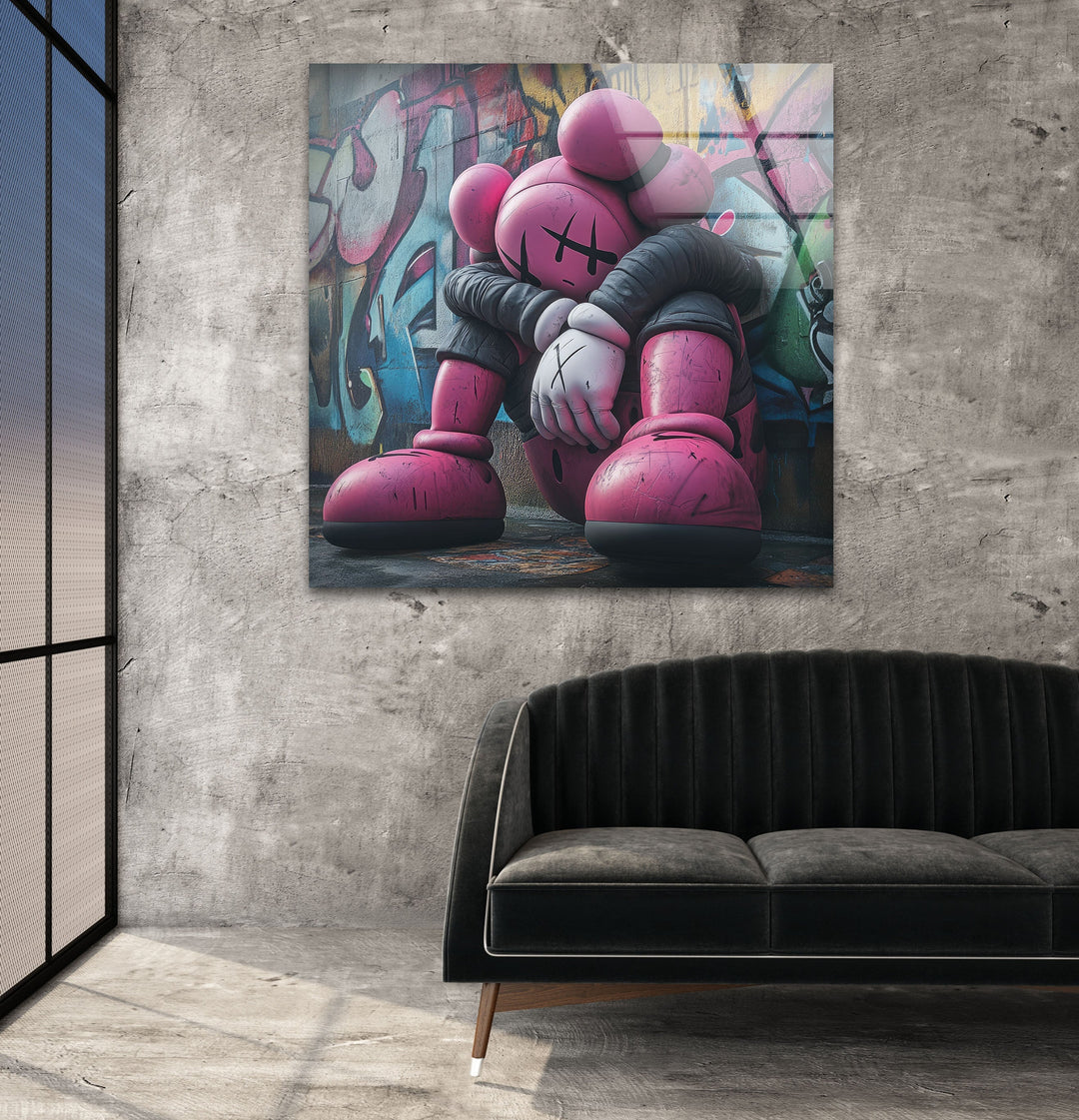 Sad Purple Kaws Glass Wall Art custom glass pictures, glass art prints
