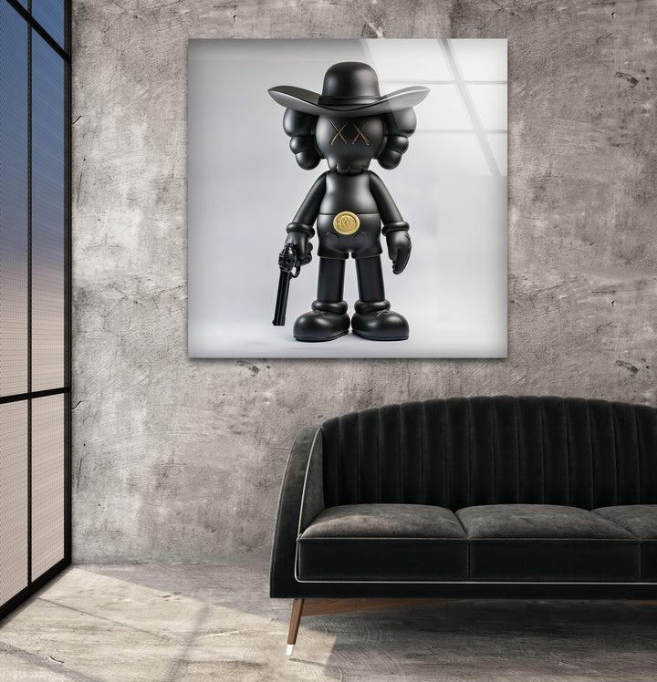 Kaws with Gun Glass Wall Art custom glass pictures, glass art prints
