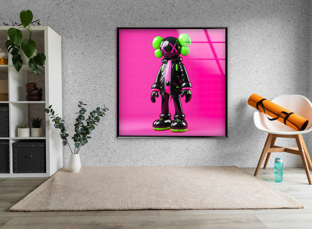 Neon Pink Kaws Glass Wall Art large glass photo prints, glass wall photos
