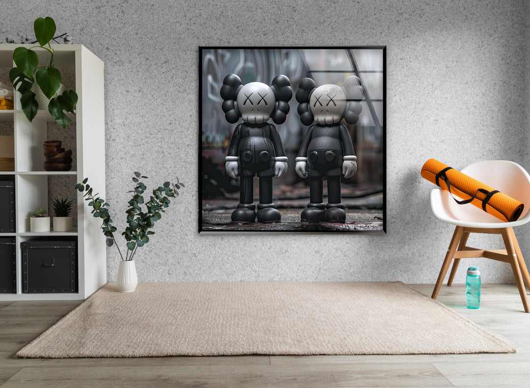 Two Black Kaws Glass Wall Art photo print on glass, prints on glass wall art
