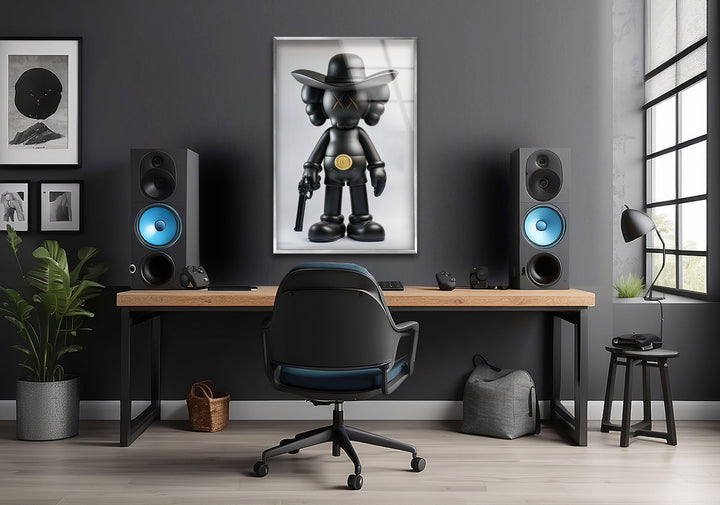 Kaws with Gun Glass Wall Art custom glass photo prints, large glass prints
