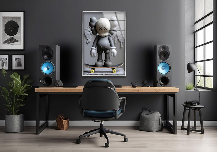 Grey Kaws With Skateboard Glass Wall Art Glass Printing Wall Art, Print photos on glass
