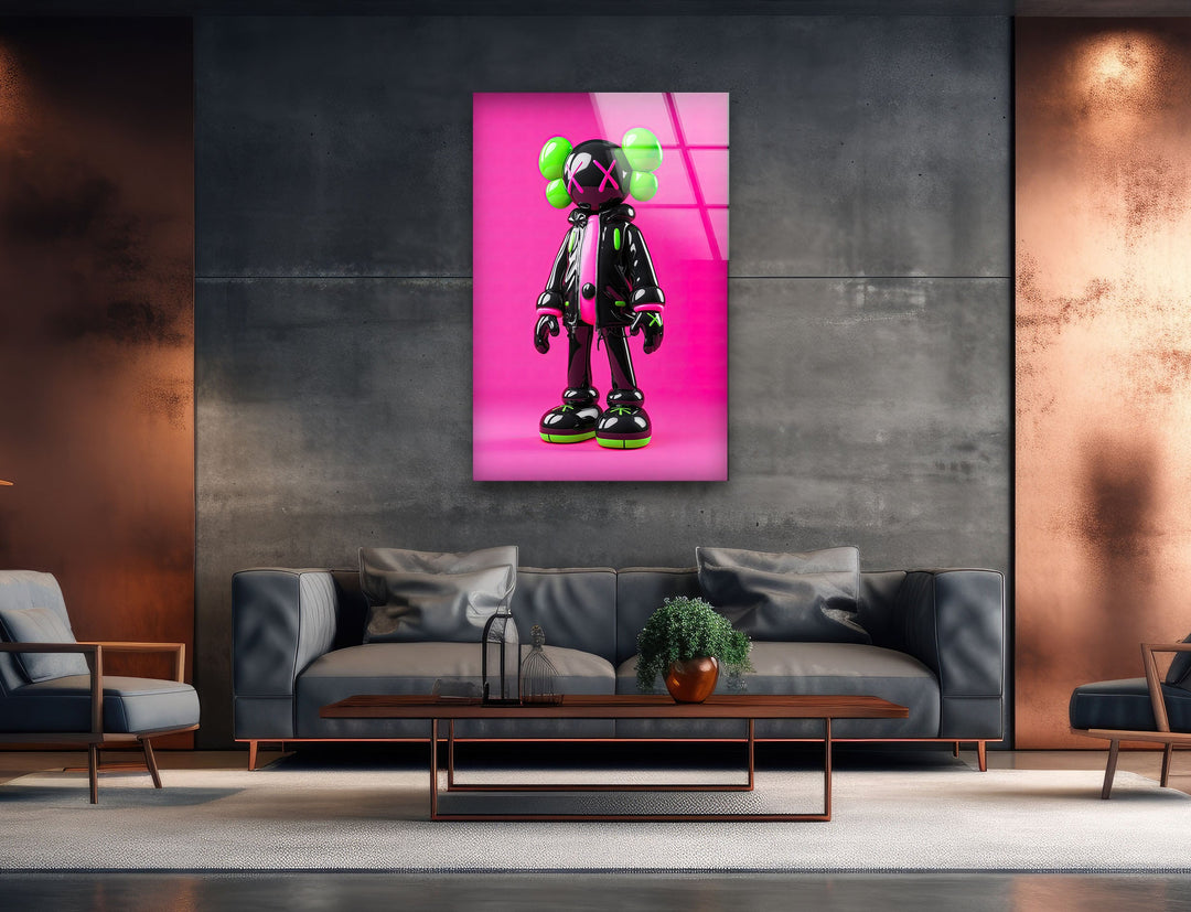 Neon Pink Kaws Glass Wall Art Glass Printing Wall Art, Print photos on glass
