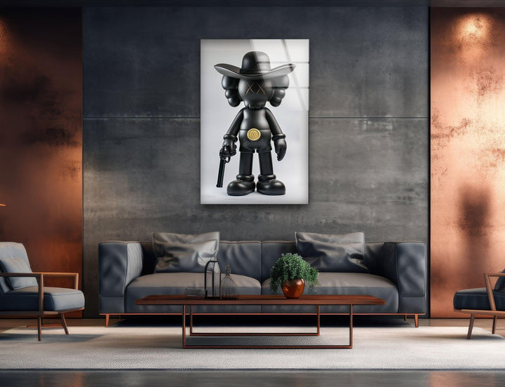 Kaws with Gun Glass Wall Art picture on glass wall art, photos printed on glass
